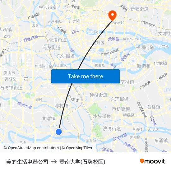 美的生活电器公司 to 暨南大学(石牌校区) map