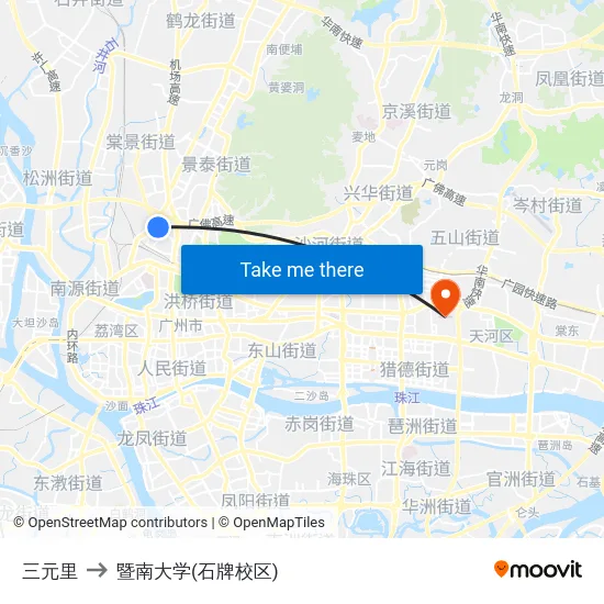 三元里 to 暨南大学(石牌校区) map