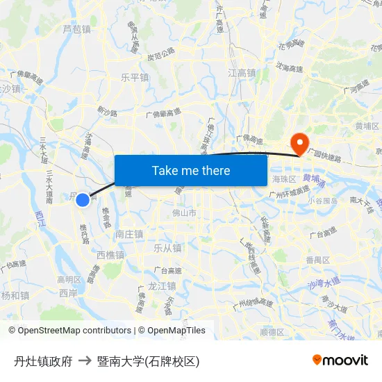 丹灶镇政府 to 暨南大学(石牌校区) map