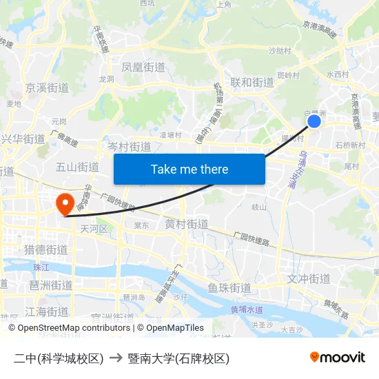 二中(科学城校区) to 暨南大学(石牌校区) map