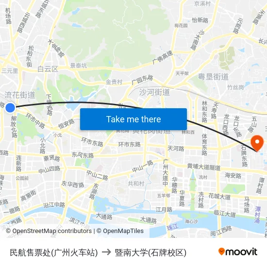 民航售票处(广州火车站) to 暨南大学(石牌校区) map