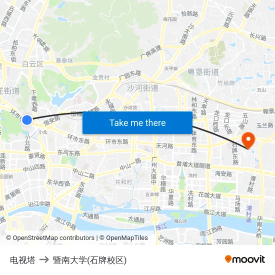 电视塔 to 暨南大学(石牌校区) map