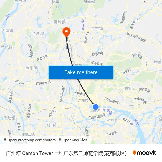 广州塔 Canton Tower to 广东第二师范学院(花都校区) map