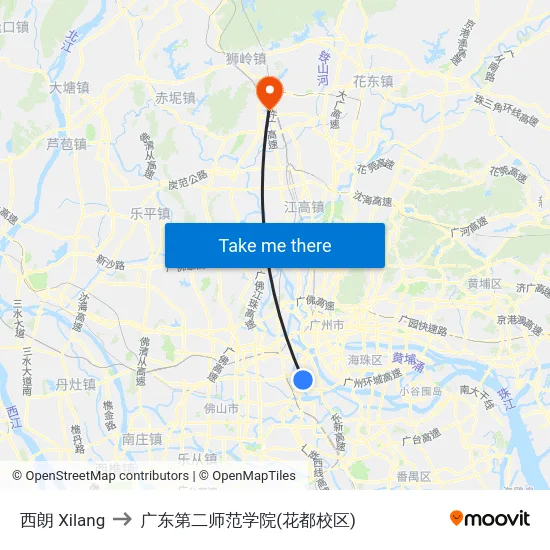 西朗 Xilang to 广东第二师范学院(花都校区) map