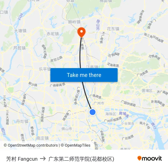 芳村 Fangcun to 广东第二师范学院(花都校区) map