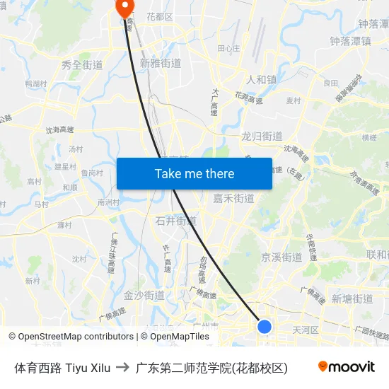 体育西路 Tiyu Xilu to 广东第二师范学院(花都校区) map