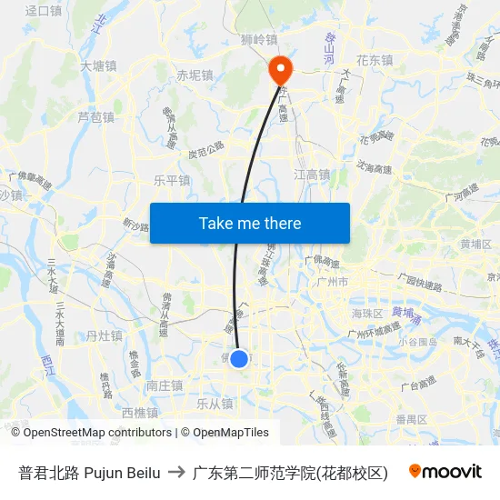 普君北路 Pujun Beilu to 广东第二师范学院(花都校区) map