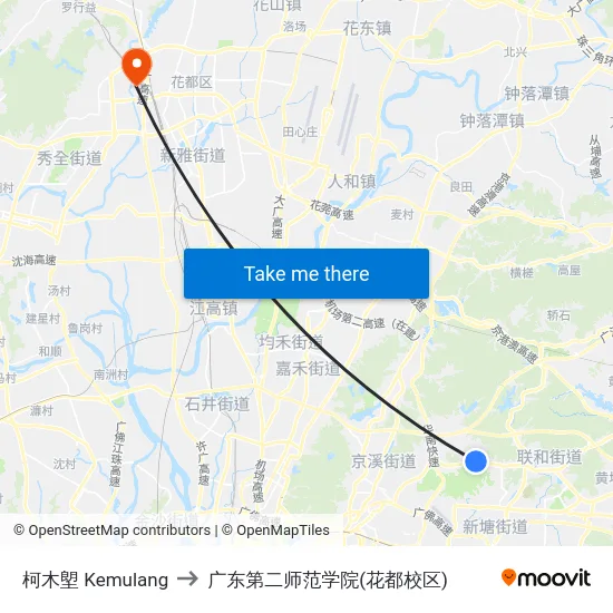 柯木塱 Kemulang to 广东第二师范学院(花都校区) map