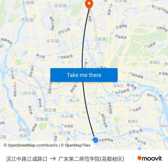 滨江中路江成路口 to 广东第二师范学院(花都校区) map