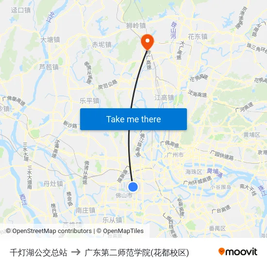 千灯湖公交总站 to 广东第二师范学院(花都校区) map