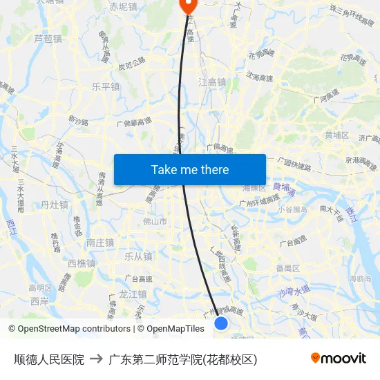 顺德人民医院 to 广东第二师范学院(花都校区) map