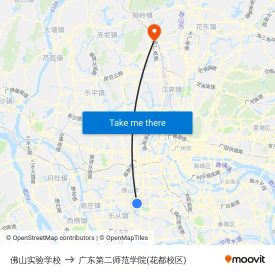 佛山实验学校 to 广东第二师范学院(花都校区) map
