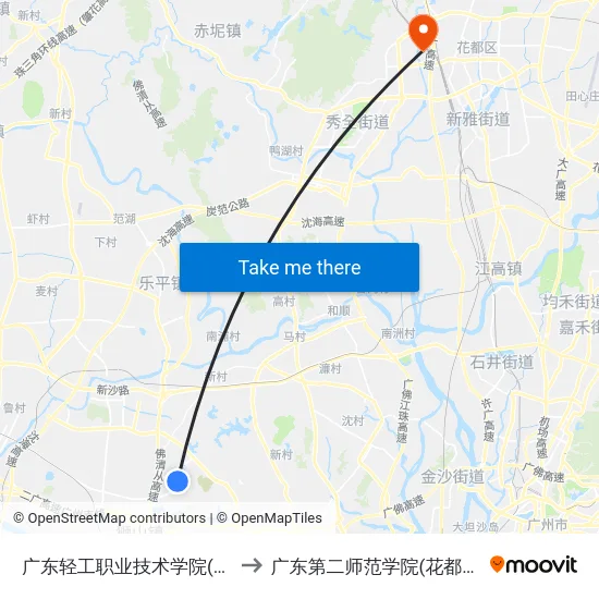 广东轻工职业技术学院(南海) to 广东第二师范学院(花都校区) map
