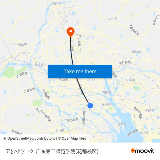 五沙小学 to 广东第二师范学院(花都校区) map