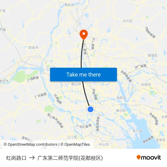 红岗路口 to 广东第二师范学院(花都校区) map