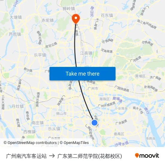 广州南汽车客运站 to 广东第二师范学院(花都校区) map