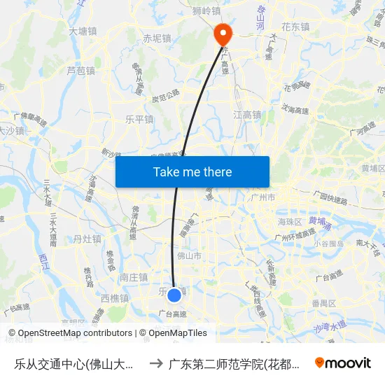 乐从交通中心(佛山大道南) to 广东第二师范学院(花都校区) map