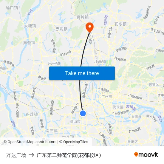 万达广场 to 广东第二师范学院(花都校区) map