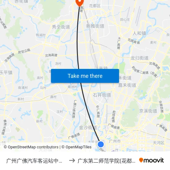 广州广佛汽车客运站中山八路 to 广东第二师范学院(花都校区) map