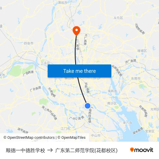 顺德一中德胜学校 to 广东第二师范学院(花都校区) map