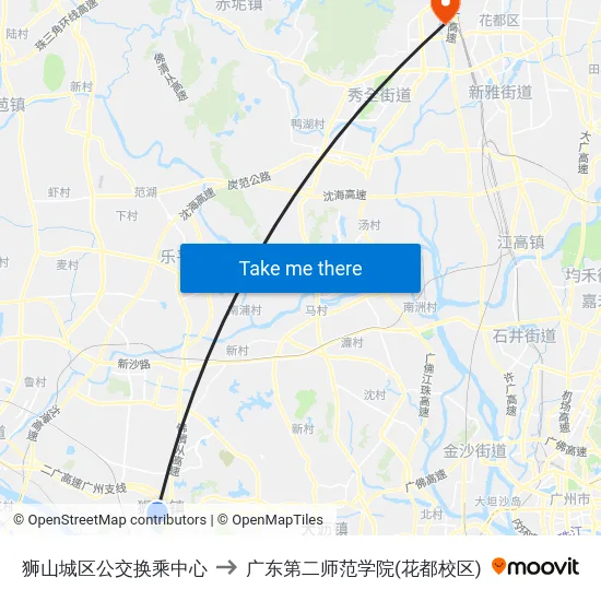 狮山城区公交换乘中心 to 广东第二师范学院(花都校区) map
