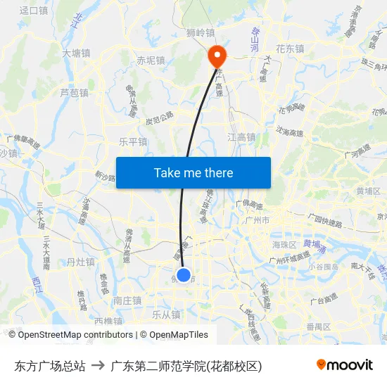 东方广场总站 to 广东第二师范学院(花都校区) map