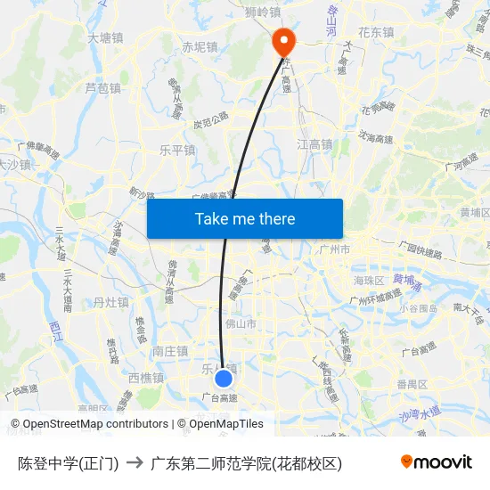 陈登中学(正门) to 广东第二师范学院(花都校区) map