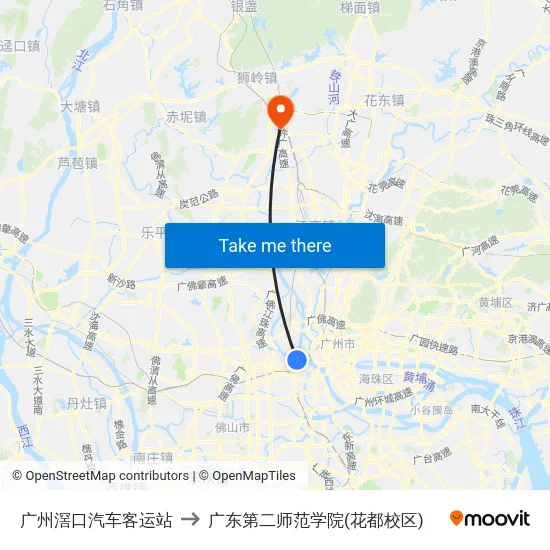 广州滘口汽车客运站 to 广东第二师范学院(花都校区) map