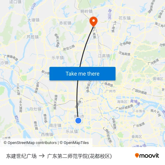 东建世纪广场 to 广东第二师范学院(花都校区) map