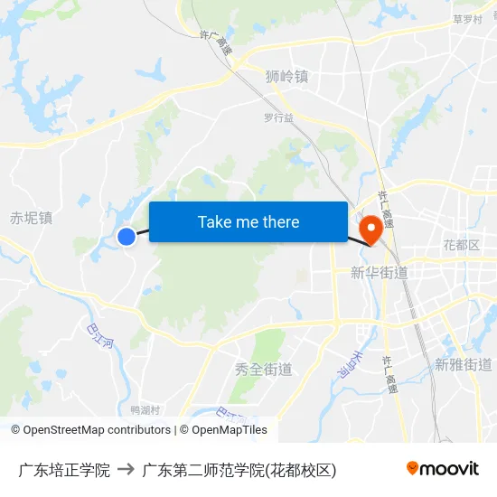 广东培正学院 to 广东第二师范学院(花都校区) map