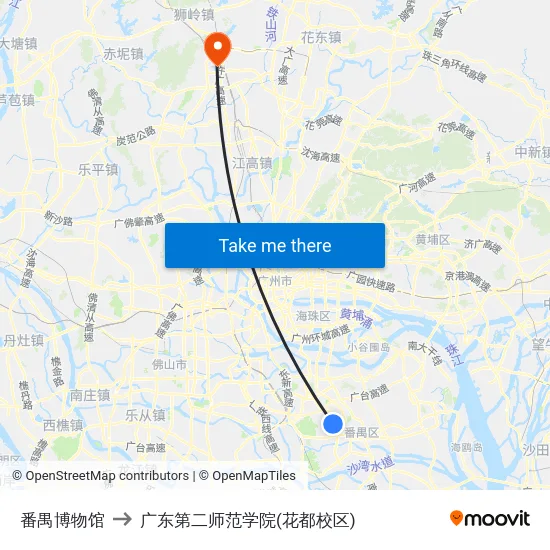 番禺博物馆 to 广东第二师范学院(花都校区) map