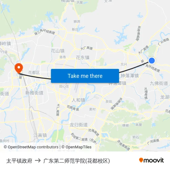 太平镇政府 to 广东第二师范学院(花都校区) map