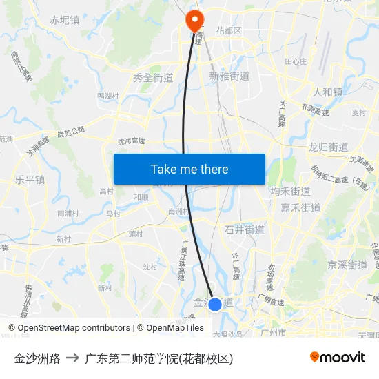 金沙洲路 to 广东第二师范学院(花都校区) map