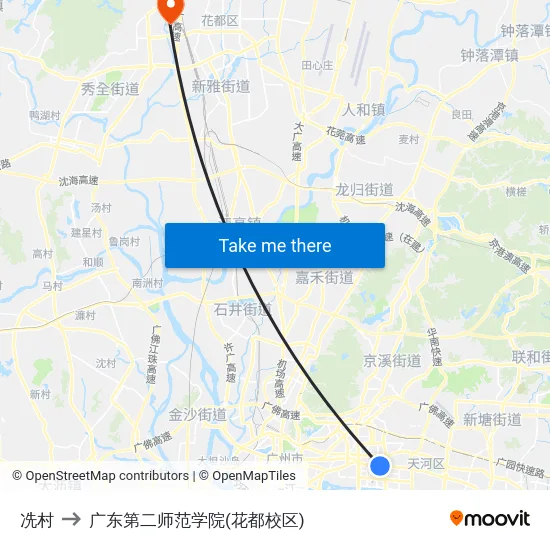 冼村 to 广东第二师范学院(花都校区) map