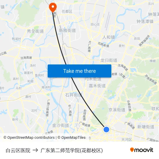 白云区医院 to 广东第二师范学院(花都校区) map