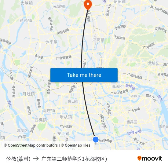 伦教(荔村) to 广东第二师范学院(花都校区) map