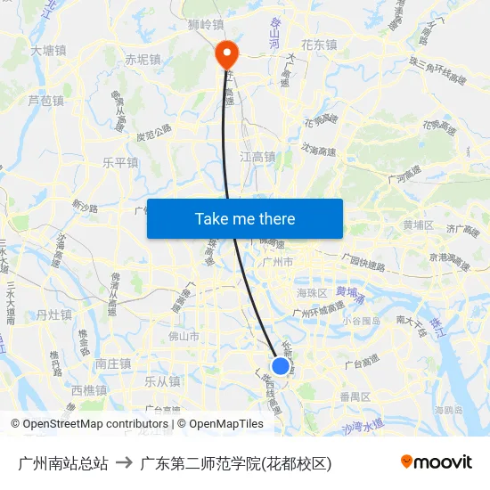 广州南站总站 to 广东第二师范学院(花都校区) map
