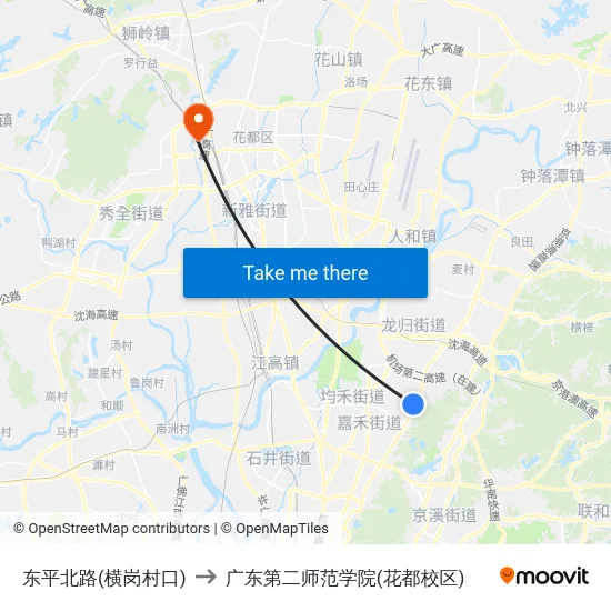 东平北路(横岗村口) to 广东第二师范学院(花都校区) map