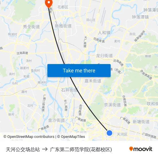 天河公交场总站 to 广东第二师范学院(花都校区) map