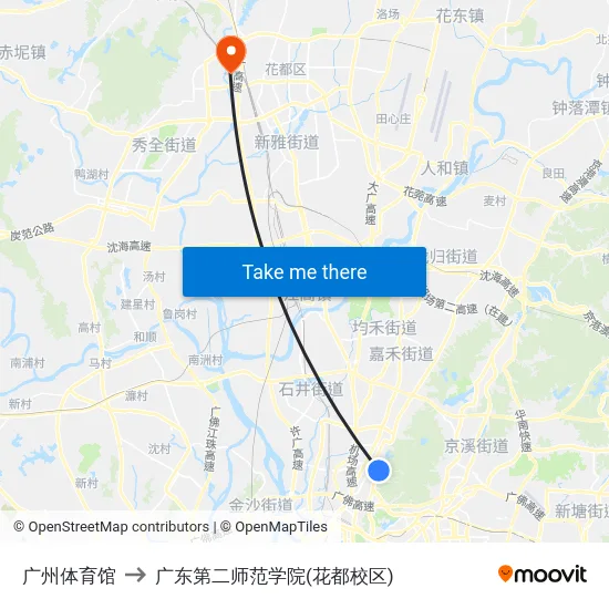 广州体育馆 to 广东第二师范学院(花都校区) map