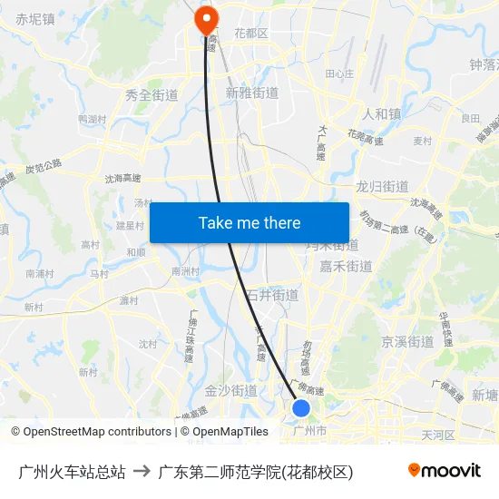 广州火车站总站 to 广东第二师范学院(花都校区) map