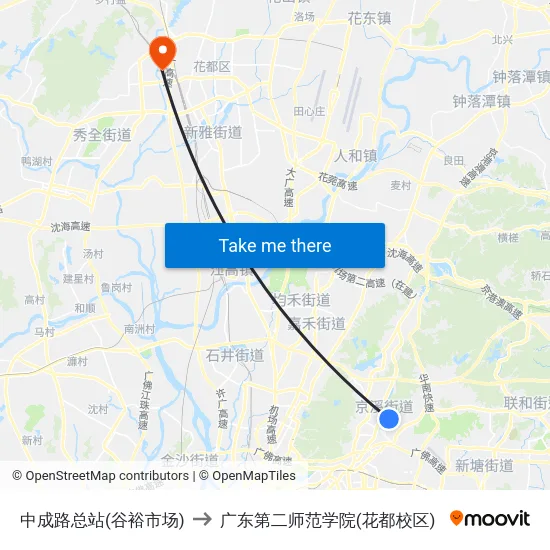 中成路总站(谷裕市场) to 广东第二师范学院(花都校区) map