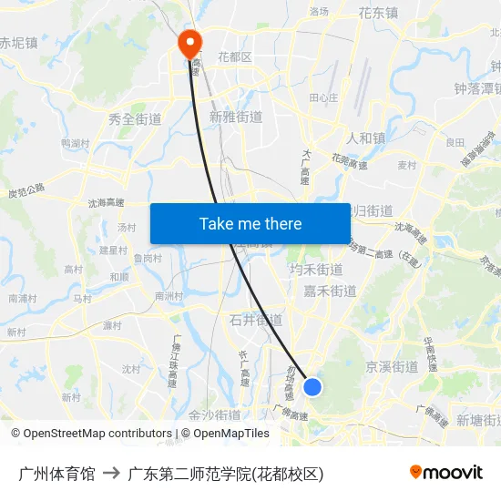 广州体育馆 to 广东第二师范学院(花都校区) map