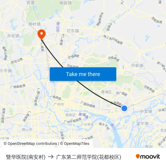 暨华医院(南安村) to 广东第二师范学院(花都校区) map