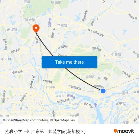沧联小学 to 广东第二师范学院(花都校区) map