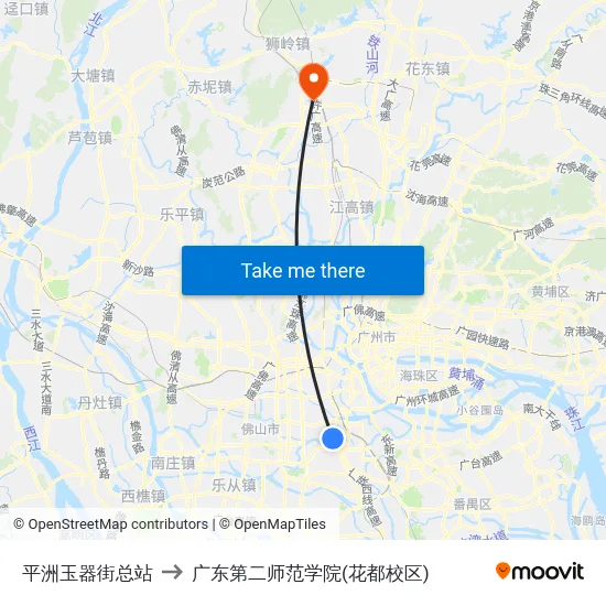 平洲玉器街总站 to 广东第二师范学院(花都校区) map