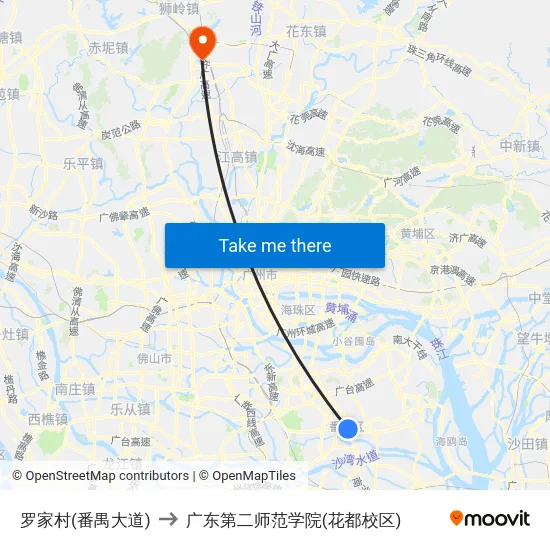 罗家村(番禺大道) to 广东第二师范学院(花都校区) map