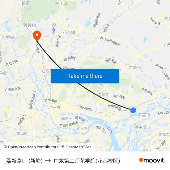 荔新路口 (新塘) to 广东第二师范学院(花都校区) map