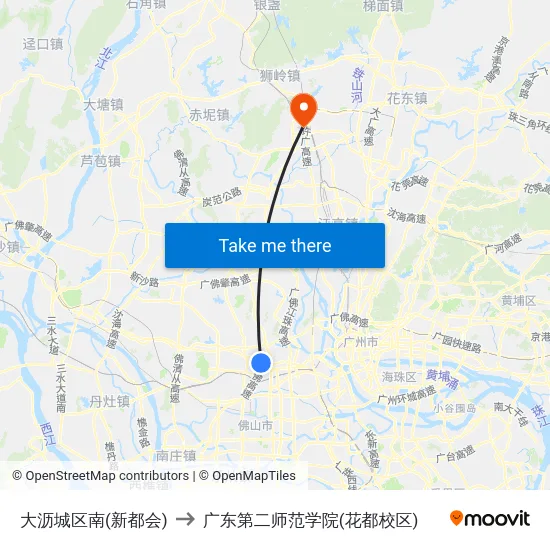 大沥城区南(新都会) to 广东第二师范学院(花都校区) map