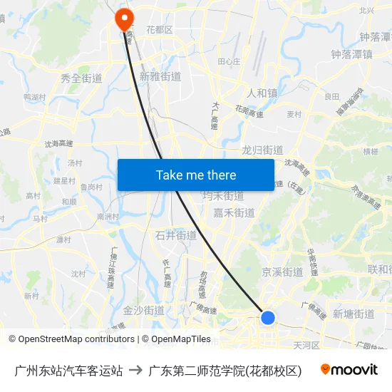 广州东站汽车客运站 to 广东第二师范学院(花都校区) map